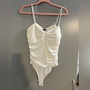 Express White Ruched V-Neck Spaghetti Strap Bodysuit
